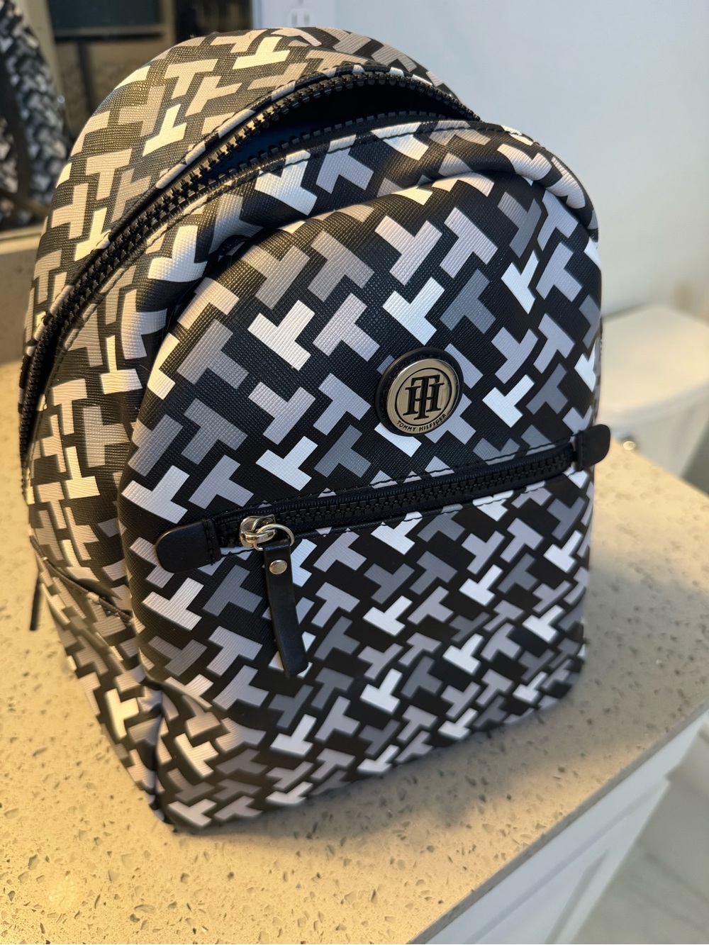 Tommy Hilfiger Black and White Geometric Mini Backpack